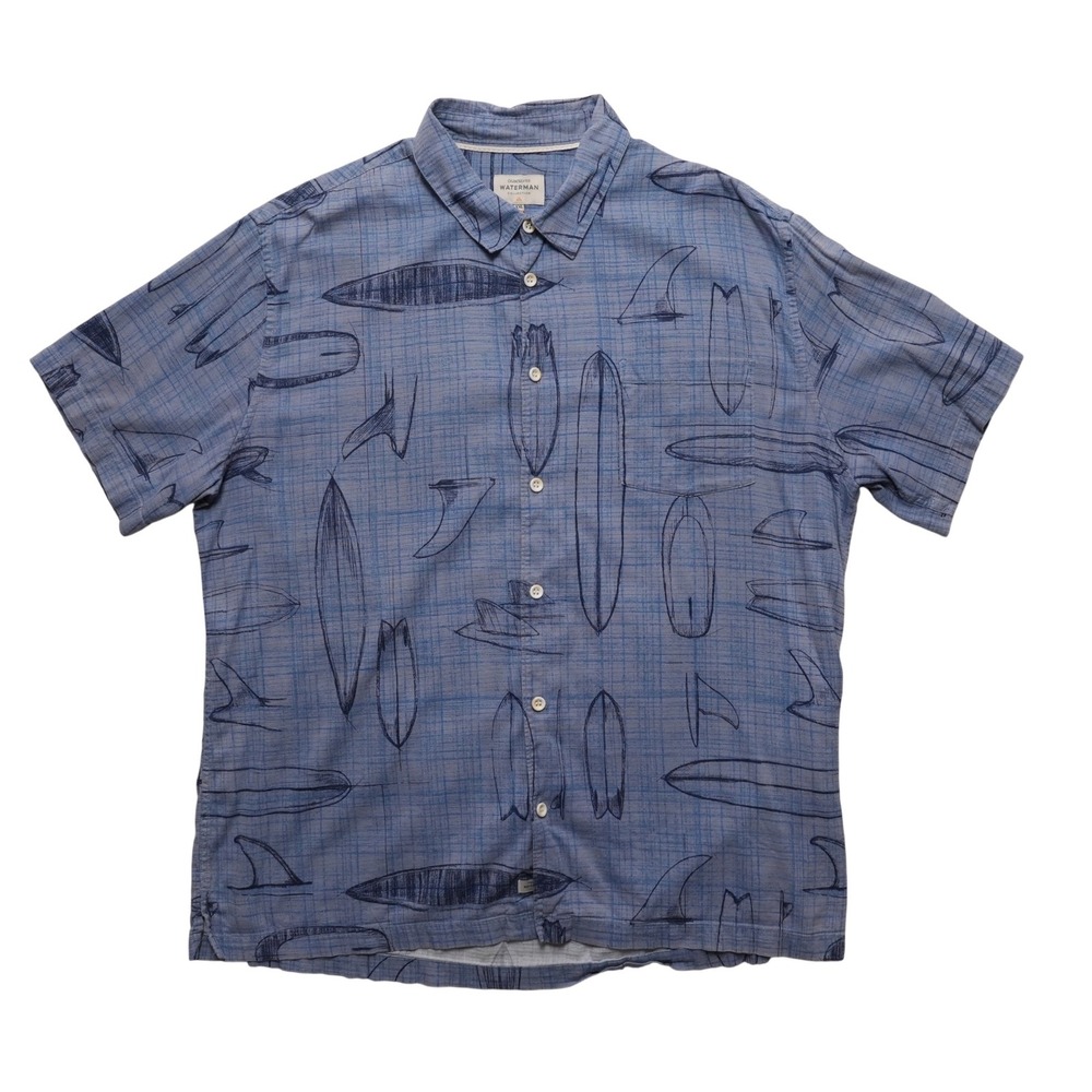 Quiksilver Waterman Mens XXL Blue Surfboard Print Beach Shirt Short Sleeve